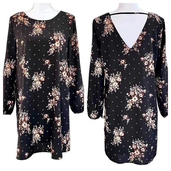 Like New Dex Long sleeved Black Floral Shift Dress Size M - Picture 1 of 10